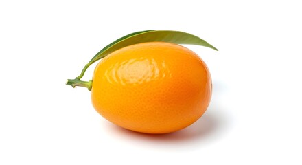 Vibrant fresh whole kumquat fruit with a green leaf isolated isolated on white background