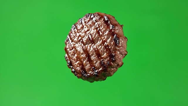 Grilled beef burger patty rotating on green screen, juicy roasted meat cutlet with grill marks, isolated fast food ingredient for compositing