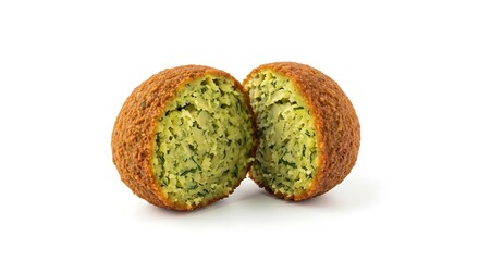 Crispy fried falafel ball cut in half, revealing fresh green interior isolated on white background