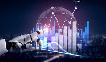 A robotic hand extends towards interactive financial graphs, illustrating cutting-edge technology in finance and data analysis within a modern urban landscape. Scalp