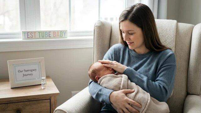 Happy mother holding a sleeping newborn baby wrapped in a blanket, celebrating a successful ivf and surrogacy journey after facing infertility, with related signage visible