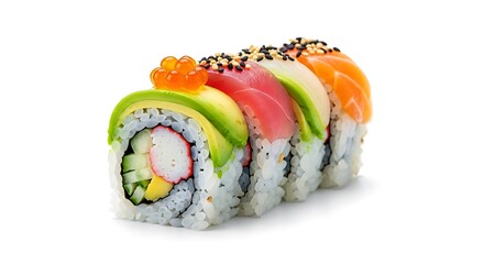 Fresh maki sushi rolls with tuna, salmon, avocado, roe, seafood isolated on white background