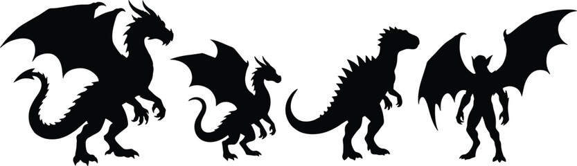 Dragon silhouette, mythical creature, fantasy beast, winged monster, black shadow, flying reptile, gothic figure, legendary animal, dark profile, eerie shape