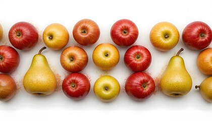 Vibrant arrangement of fresh red and yellow apples mixed with green pears on a clean white surface for healthy eating. apfel und birne