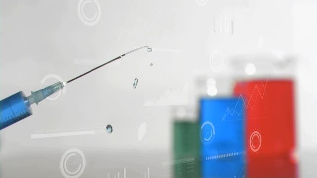 Needle tip forming droplet and ejecting stream arcing toward blurred vials for lab demo with HUD