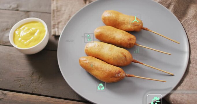 Overlay appearing, four corndog plate staying, AR icons shifting, showing CO data, camera panning