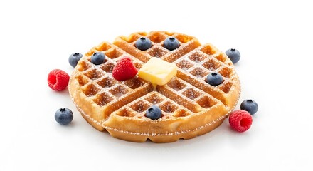 Perfectly baked golden waffle with melting butter and fresh berries isolated on white background