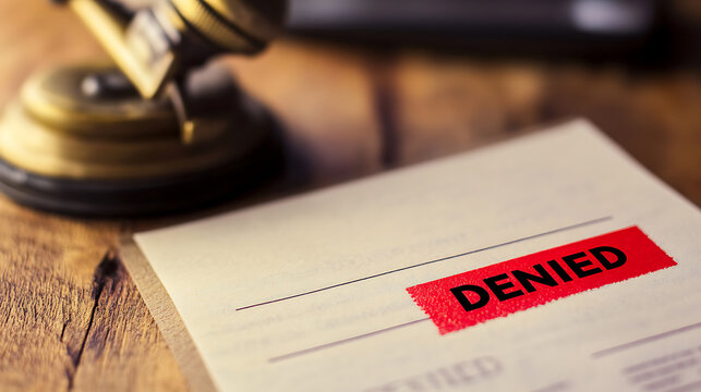 Rejected. Paper document with a red "DENIED" stamp resting on a wooden desk. A vintage-style lamp is visible in the background, casting a warm light. The document represents a refusal.