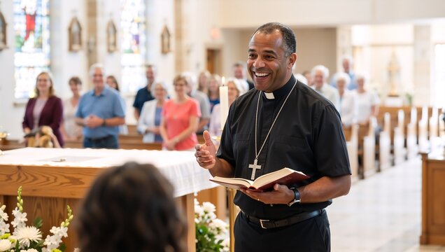 A smiling African American priest gives a sermon in church. Joyful black pastor preaching to the congregation and holding a bible