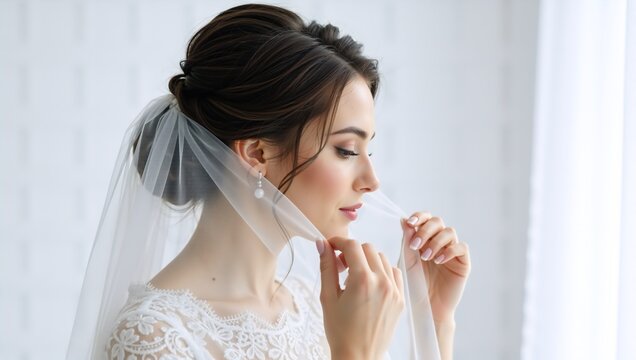 Elegant bride in profile holding her wedding veil. Portrait of a young woman with a classic bridal hairstyle and makeup getting ready for the ceremony.