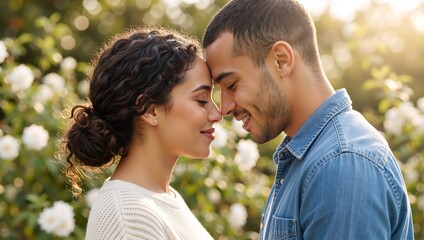 Fototapeta premium Affectionate young couple sharing an intimate moment in a sunlit garden. Man and woman touching foreheads and smiling with love and tenderness