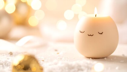 Vela kawaii encendida en tonos suaves con fondo dorado y ambiente invernal