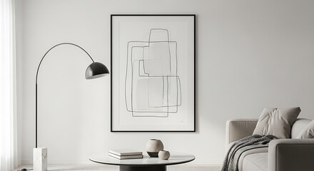 Modern minimalist living room interior with abstract artwork and elegant floor lamp