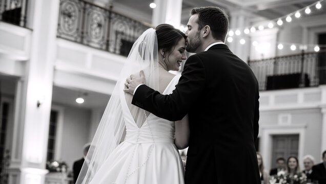 Groom kisses the bride on her forehead during their first dance. Romantic black and white photo of a newlywed couple at their wedding reception