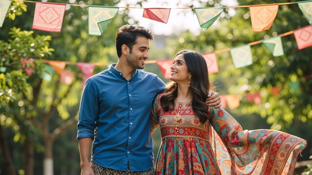 Happy young South Asian couple celebrating a festival outdoors. Indian man and woman in traditional clothing smiling at each other with love. Relationship and togetherness concept - Powered by Adobe
