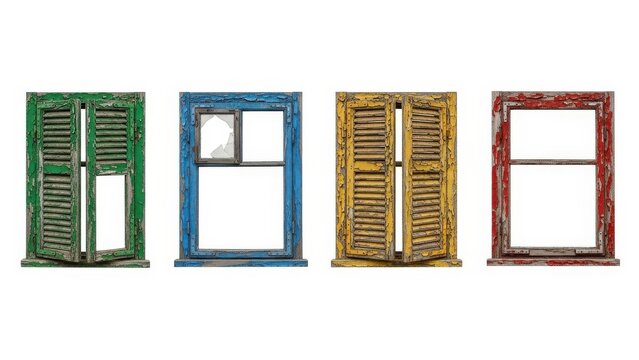 Four colorful antique window frames with shutters on white background