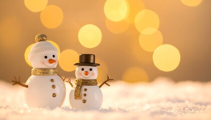 Muñecos de nieve con gorro y sombrero sobre nieve con luces cálidas desenfocadas