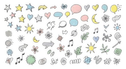 Collection of hand drawn doodle elements with stars flowers and shapes