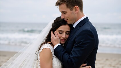 An affectionate bride and groom embracing on their wedding day at the beach. A romantic newlywed couple in love by the ocean