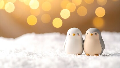 Pingüinos decorativos kawaii sobre nieve con fondo cálido y luces desenfocadas