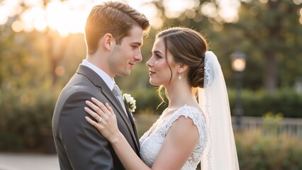 Obraz premium Romantic wedding portrait of a bride and groom outdoors. Loving couple gazing into each other's eyes during a golden hour sunset