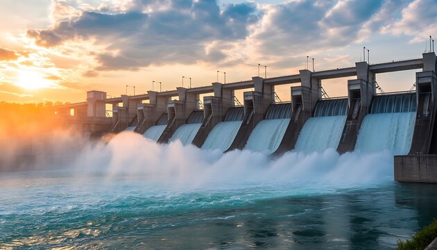 Massive hydro power plant dam on river at sunset with clouds in sky and water flowing forcefully creating energy and electricity for modern world sustainability and clean future