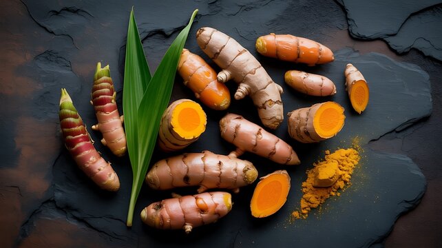 Fresh turmeric roots and powder spice on dark stone background top view healthy natural food ingredient for cooking traditional dishes or herbal medicine