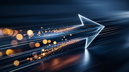 Abstract glowing arrow moving forward with light trails on a dark reflective surface representing high speed data and technological progress with ample copy space