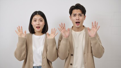 Shocked young asian couple with hands up in surprise. Man and woman with omg facial expressions reacting to unexpected news on a white background