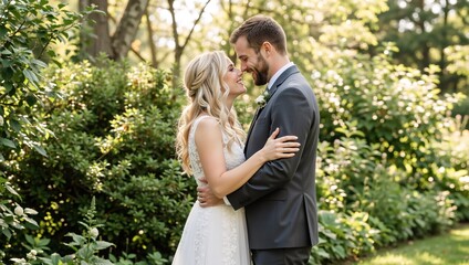 Portrait of a happy wedding couple in love. Bride and groom embracing in a green park on a sunny day