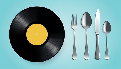 Vinyl record and cutlery set on bright blue background music and dining concept classic audio format with silverware artistic still life top view