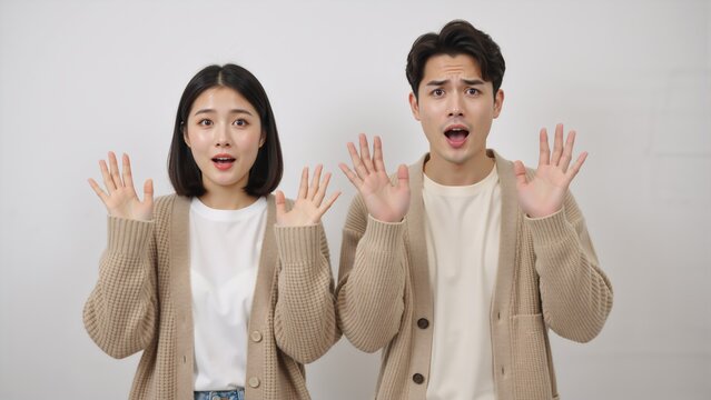 Shocked young asian couple with hands up in surprise. Man and woman with omg facial expressions reacting to unexpected news on a white background