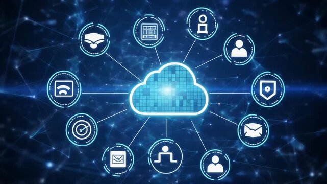 Motion graphic of Blue cloud storage connection and data transfer to multi devices futuristic technology abstract background
