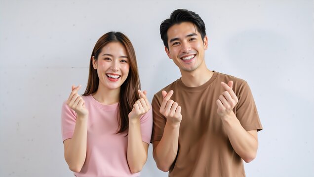 Happy young Asian couple making a finger heart gesture. Loving man and woman smiling and showing a Korean love sign on a white background - Powered by Adobe