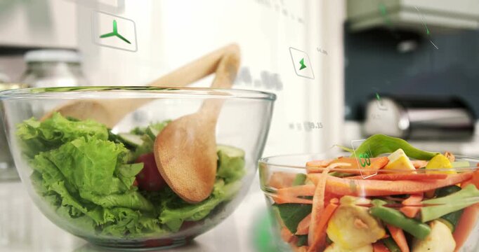 Icons appearing from right floating around two glass salad bowls, depicting green energy recycling