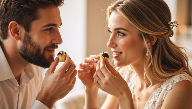 A romantic couple smiling at each other while sharing a small dessert. Bride and groom celebrating their wedding day with a sweet treat - Powered by Adobe