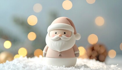 Figura de Papá Noel en tonos pastel sobre nieve con luces cálidas desenfocadas
