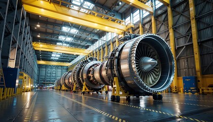 Large jet engines on assembly line in vast hangar, showcasing precision manufacturing and advanced technology in aerospace industry, with yellow overhead cranes visible