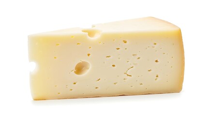 Fresh appetizing wedge of hard cheese with holes, dairy product isolated on white background