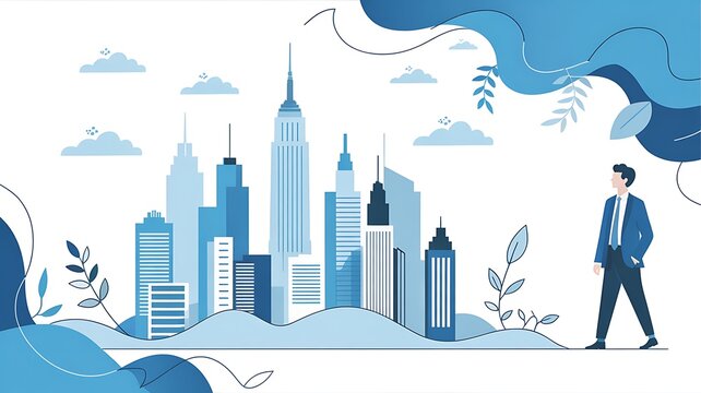 Businessman in suit walking towards modern city skyline with tall skyscrapers and blue abstract elements urban landscape illustration concept for career development and future - Powered by Adobe