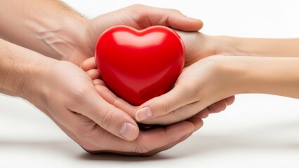 Obraz premium Multiple hands, including adult and child, gently cradle a vibrant red heart, symbolizing care, love, and shared compassion.
