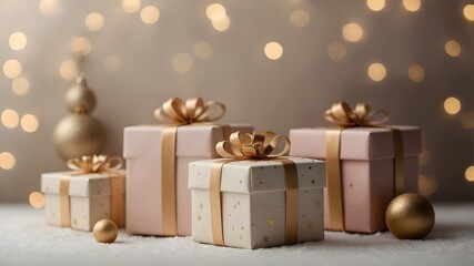 Regalos navideños con lazos dorados sobre fondo de luces cálidas y decoración festiva
