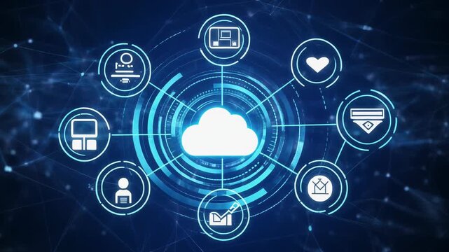 Motion graphic of Blue cloud storage connection and data transfer to multi devices futuristic technology abstract background