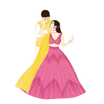 Haldi couple illustration png image in vibrant Indian wedding style, traditional pre-wedding ceremony artwork with yellow attire perfect for invitation design and festive decor