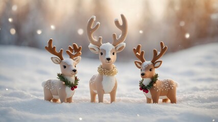 Renos decorativos sobre nieve con adornos navideños en ambiente invernal