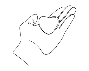 The heart is placed on the palm, in a single, continuous line. minimalist style isolate outline Editable stroke.
