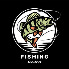 Fishing club logo with an image of a perch on dark background.