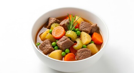 Hearty traditional beef stew with potatoes, carrots, and rosemary. isolated on white background
