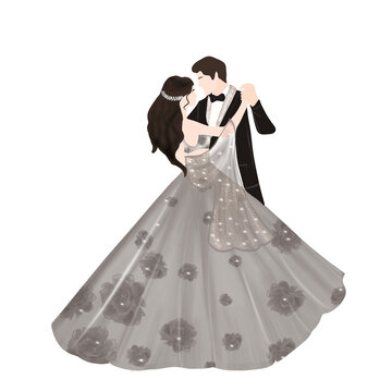 Sangeet ceremony dancing couple illustration in elegant wedding style, romantic Indian pre-wedding artwork featuring glamorous gown and tuxedo pose for invitation and festive decor