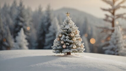 Árbol de Navidad nevado en paisaje invernal con luces suaves al atardecer